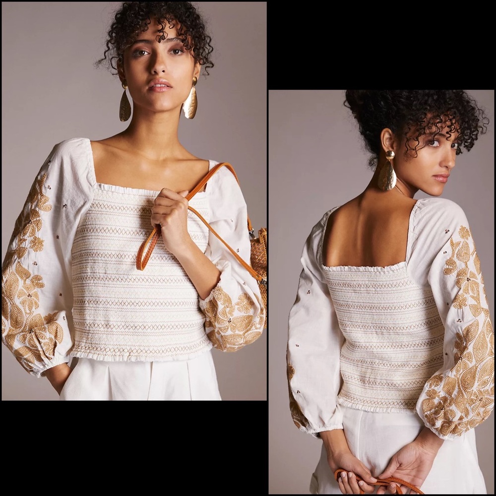 Anthro Embroidered Floral Sequin Beaded Embellished Balloon Sleeve Blouse Top